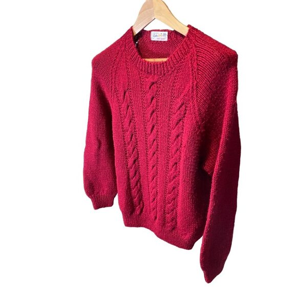Vintage 70s 80s Handknit Cable Knit Red Sweater - Picture 3 of 8